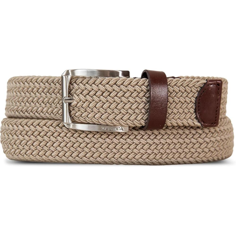 imageNautica Mens Casual Leather Belt Everyday Classic Pants Jeans Khakis Chinos Metal BuckleBraided Webbing Khaki