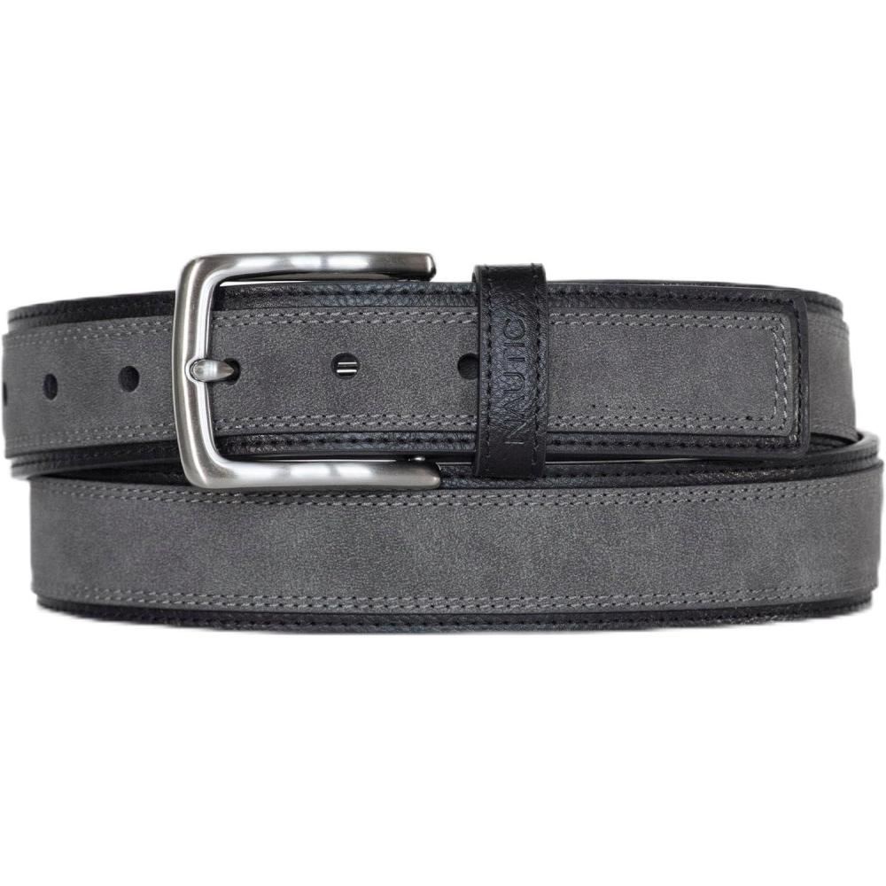 imageNautica Mens Casual Leather Belt Everyday Classic Pants Jeans Khakis Chinos Metal BuckleCasual Overlay Grey