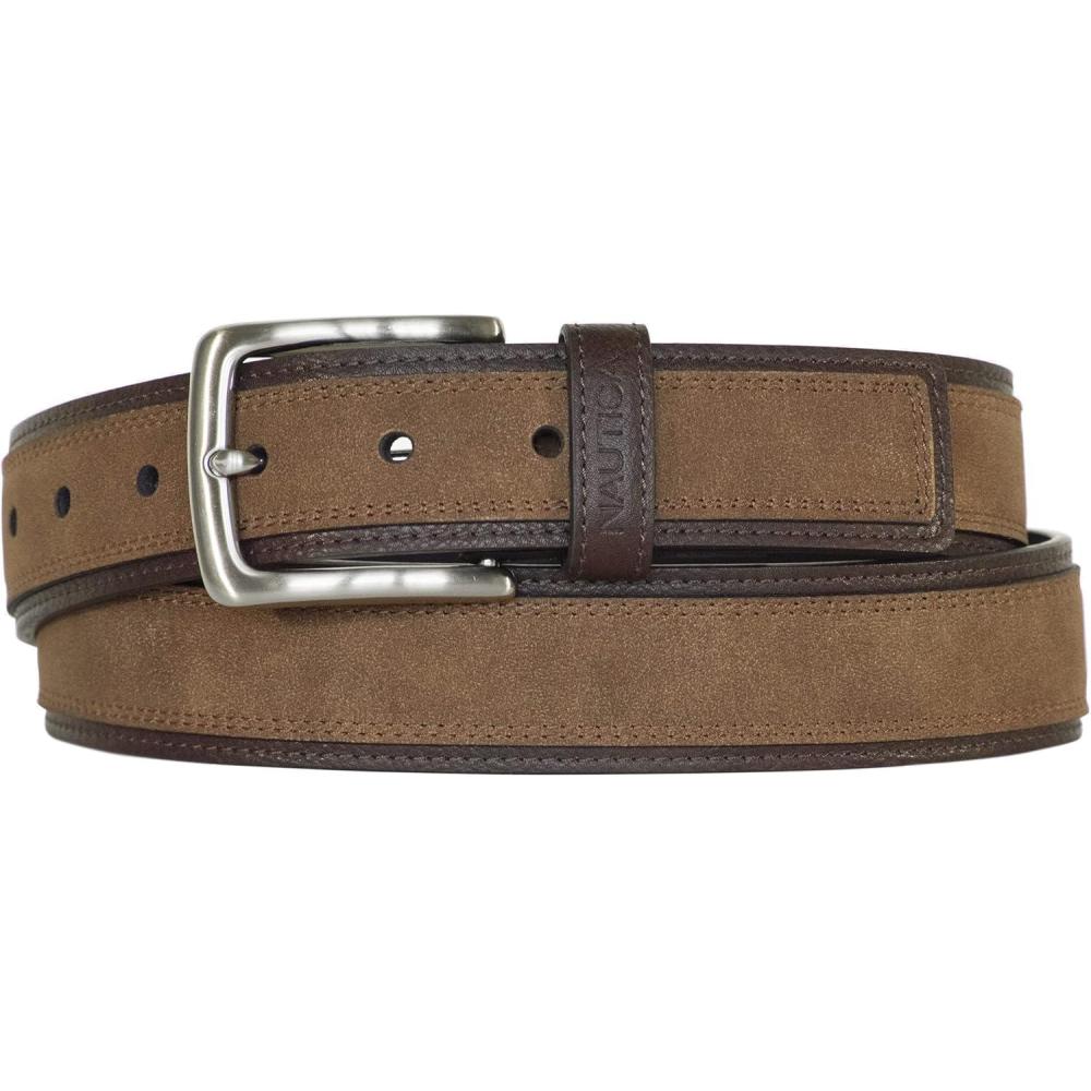 imageNautica Mens Casual Leather Belt Everyday Classic Pants Jeans Khakis Chinos Metal BuckleCasual Overlay Tan