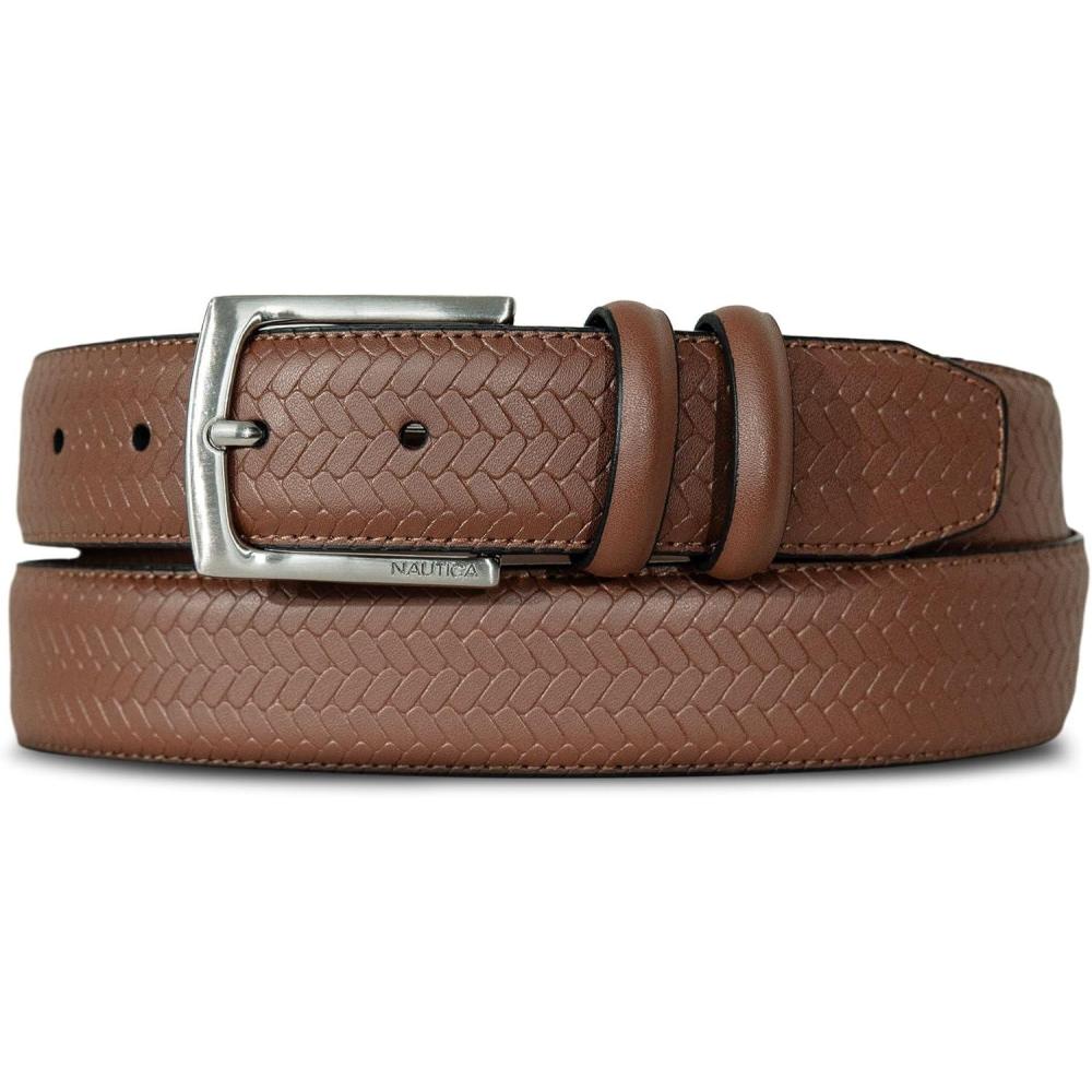 imageNautica Mens Casual Leather Belt Everyday Classic Pants Jeans Khakis Chinos Metal BuckleDouble Keeper Woven Tan