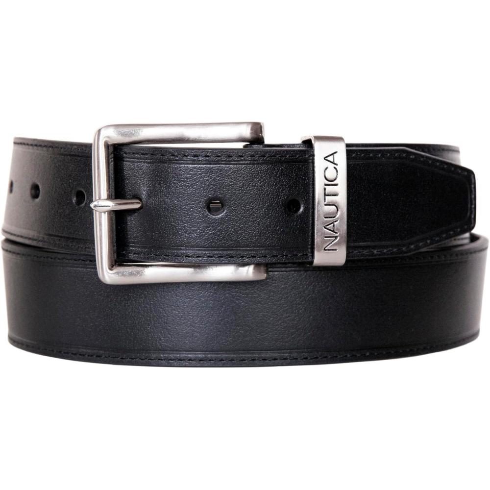 imageNautica Mens Casual Leather Belt Everyday Classic Pants Jeans Khakis Chinos Metal BuckleEngraved Keeper Black