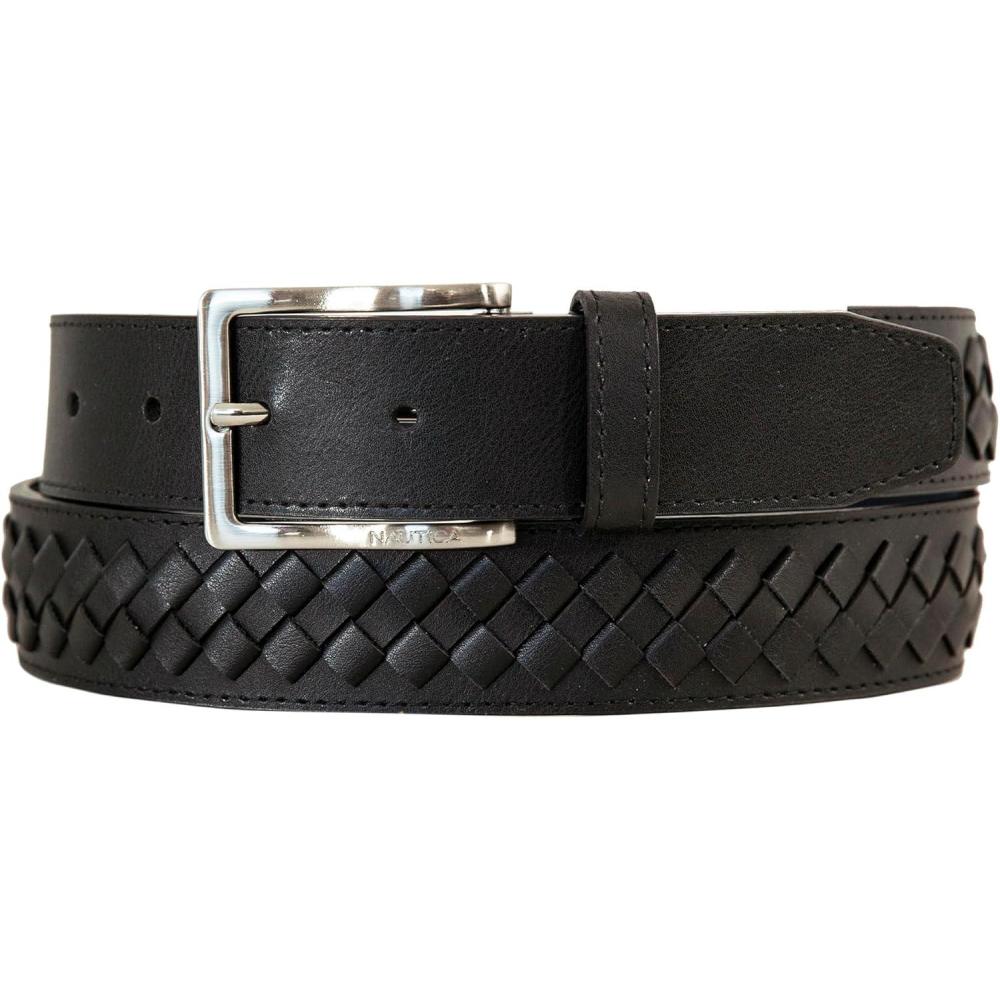 imageNautica Mens Dress Leather Belt for Suits and Pants Classic Business Fashion Adjustable Metal BuckleCenter Woven Black