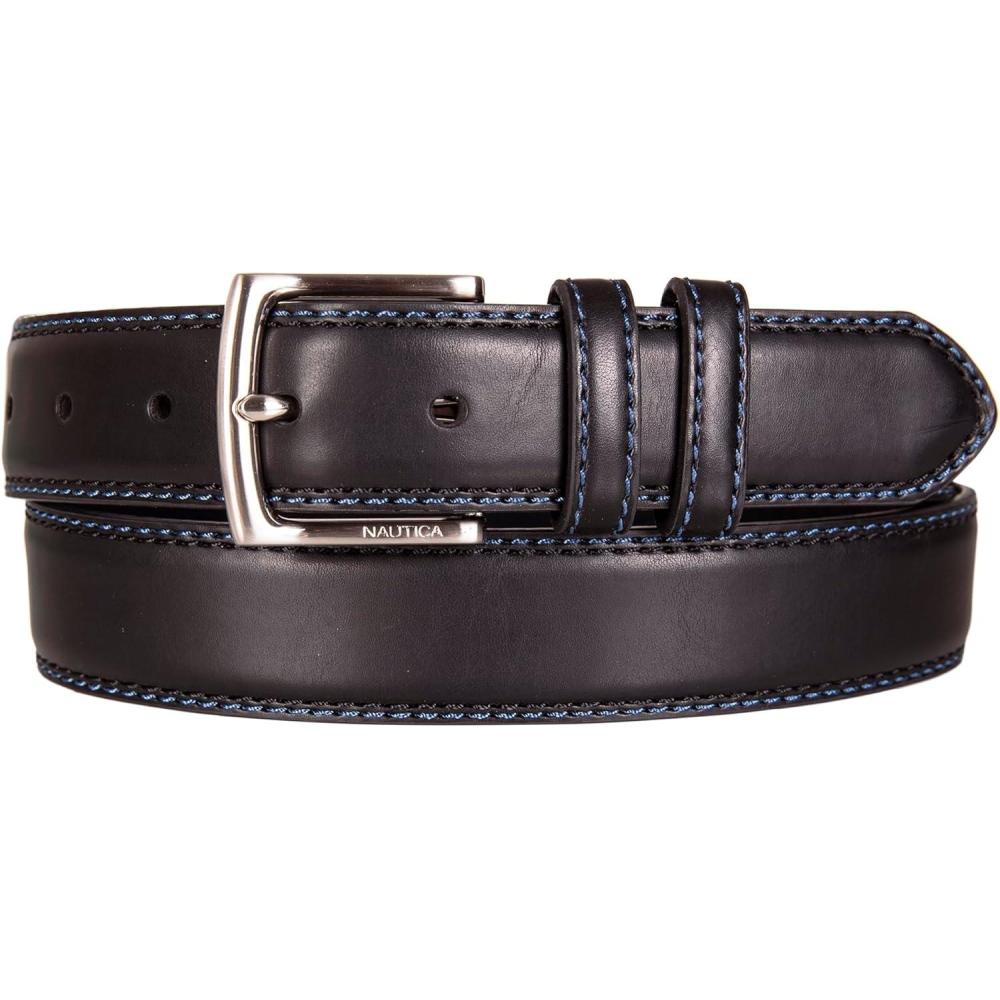 imageNautica Mens Dress Leather Belt for Suits and Pants Classic Business Fashion Adjustable Metal BuckleLogo Inlay Double Keeper Black