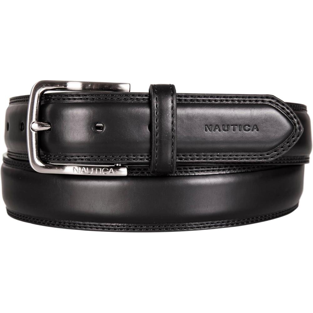 imageNautica Mens Dress Leather Belt for Suits and Pants Classic Business Fashion Adjustable Metal BuckleLogo Inlay Double Stitch Black