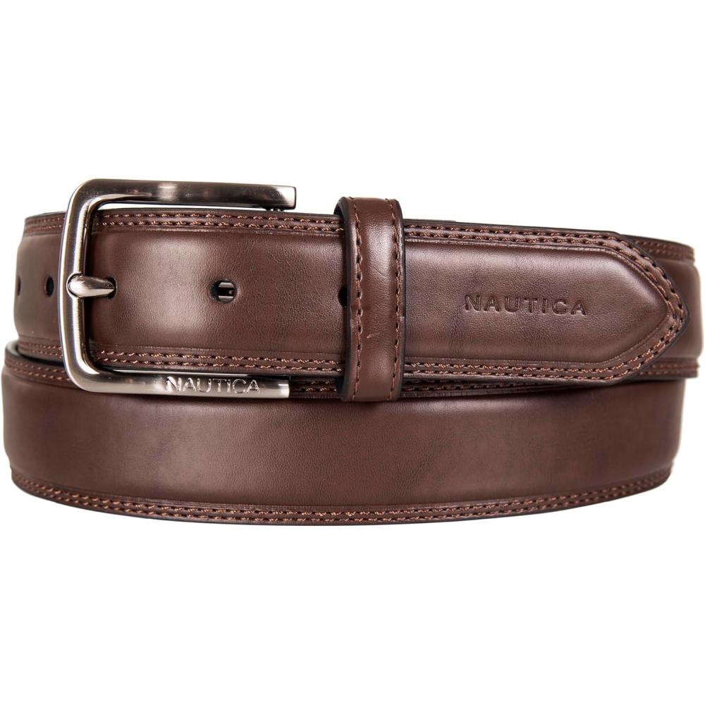 imageNautica Mens Dress Leather Belt for Suits and Pants Classic Business Fashion Adjustable Metal BuckleLogo Inlay Double Stitch Brown