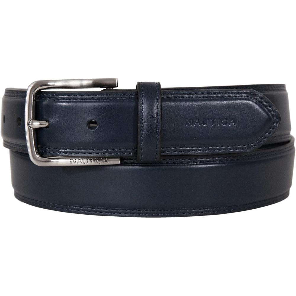 imageNautica Mens Dress Leather Belt for Suits and Pants Classic Business Fashion Adjustable Metal BuckleLogo Inlay Double Stitch Navy
