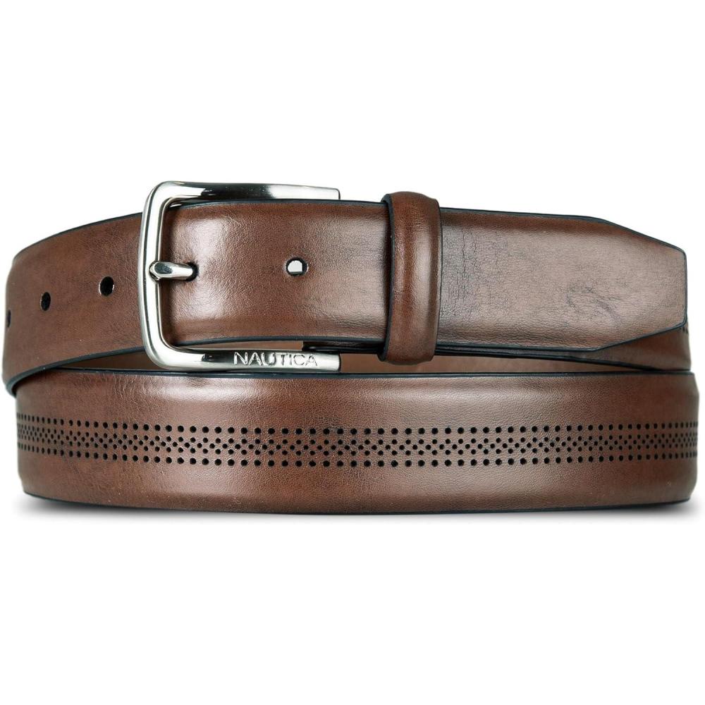 imageNautica Mens Dress Leather Belt for Suits and Pants Classic Business Fashion Adjustable Metal BucklePerforated Brown