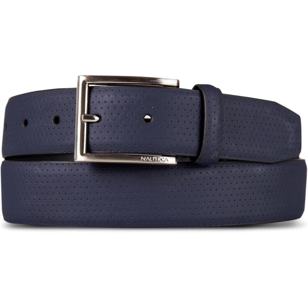 imageNautica Mens Dress Leather Belt for Suits and Pants Classic Business Fashion Adjustable Metal BucklePerforated Dress Navy
