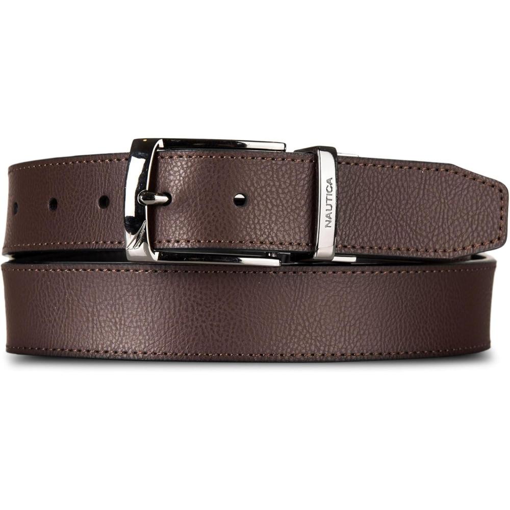 imageNautica Mens Reversible Leather Belt  2in1  Classic  Everyday  Business  Work  Dress  Casual  Metal BuckleEngraved  BrownBlack