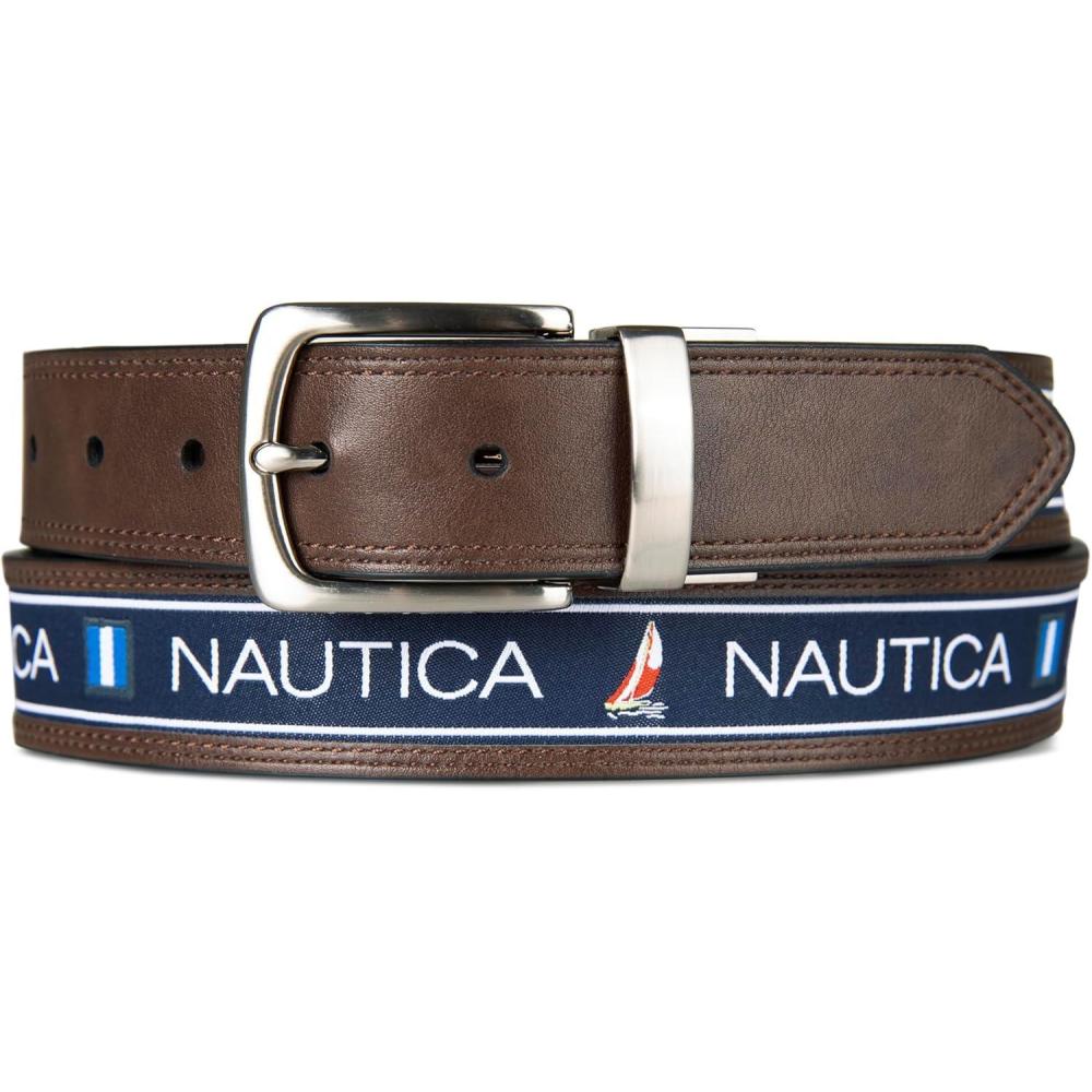 imageNautica Mens Reversible Leather Belt 2in1 Classic Everyday Business Work Dress Casual Metal BuckleFlag Logo Brown