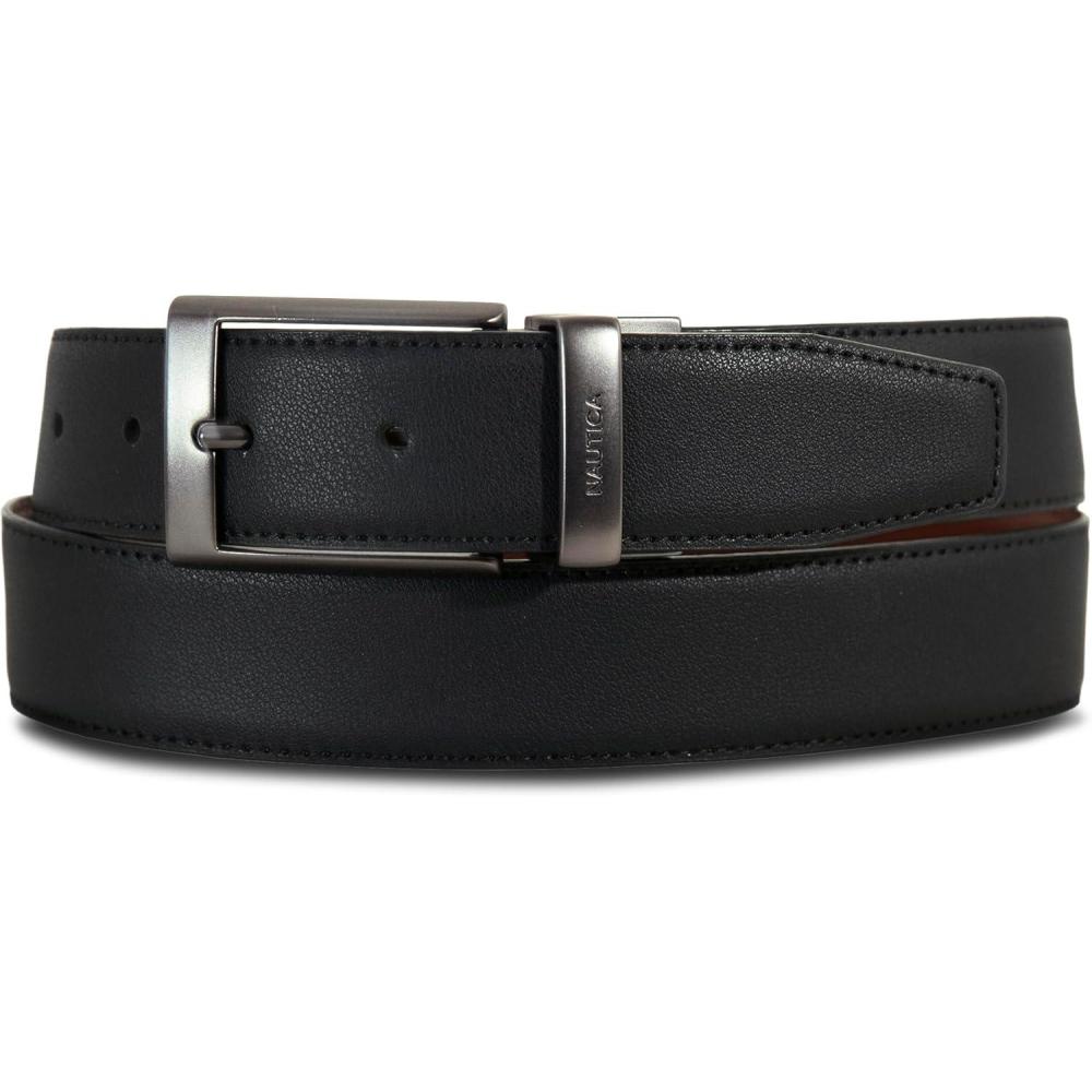 imageNautica Mens Reversible Leather Belt 2in1 Classic Everyday Business Work Dress Casual Metal BuckleGunmetal Logo BlackCognac