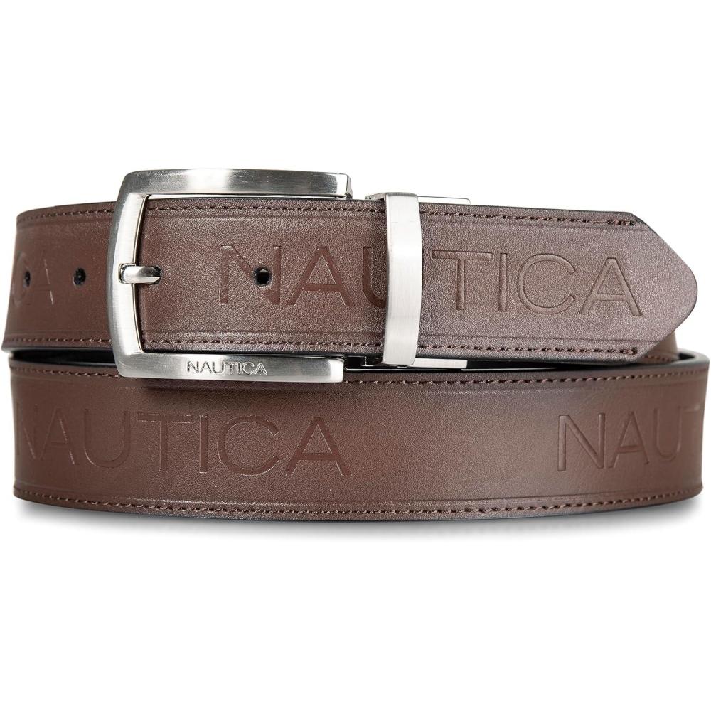 imageNautica Mens Reversible Leather Belt 2in1 Classic Everyday Business Work Dress Casual Metal BuckleNickle Logo BlackBrown
