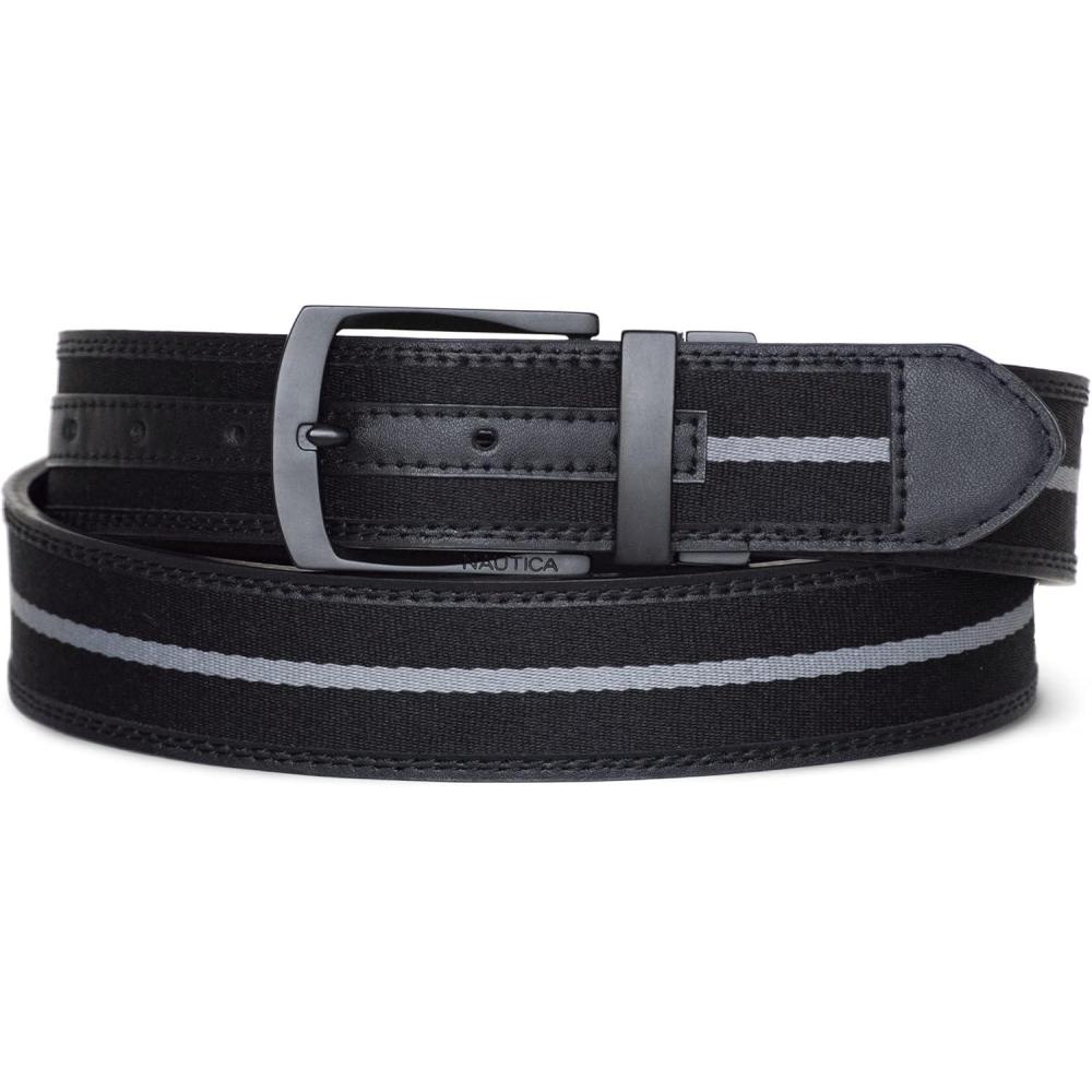 imageNautica Mens Reversible Leather Belt 2in1 Classic Everyday Business Work Dress Casual Metal BuckleSignature Logo Black RibbonLeather