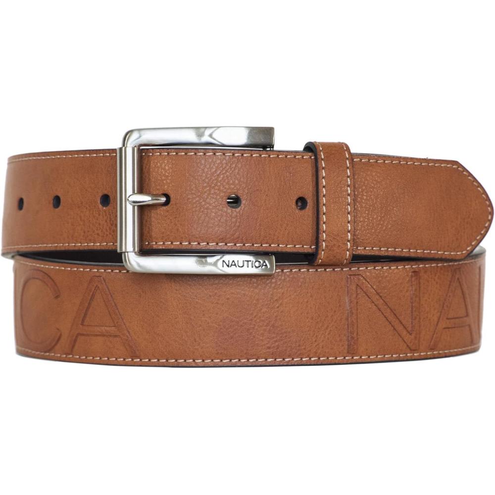 imageNautica Mens Signature Leather and Canvas Belt Ribbon Detail Flag Design Classic Casual Metal BuckleEmbossed Logo Tan