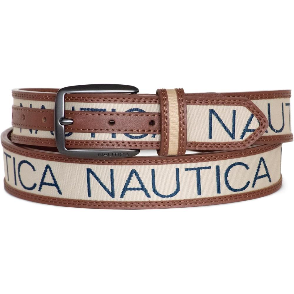 imageNautica Mens Signature Leather and Canvas Belt Ribbon Detail Flag Design Classic Casual Metal BuckleSignature Logo Beige