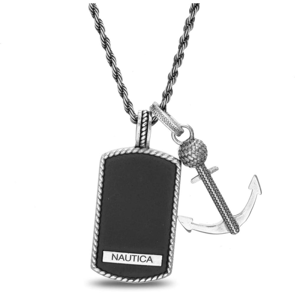 imageNautica Oxidized Stainless Steel Black Enamel Dog Tag Anchor Rope Chain Necklace for Men