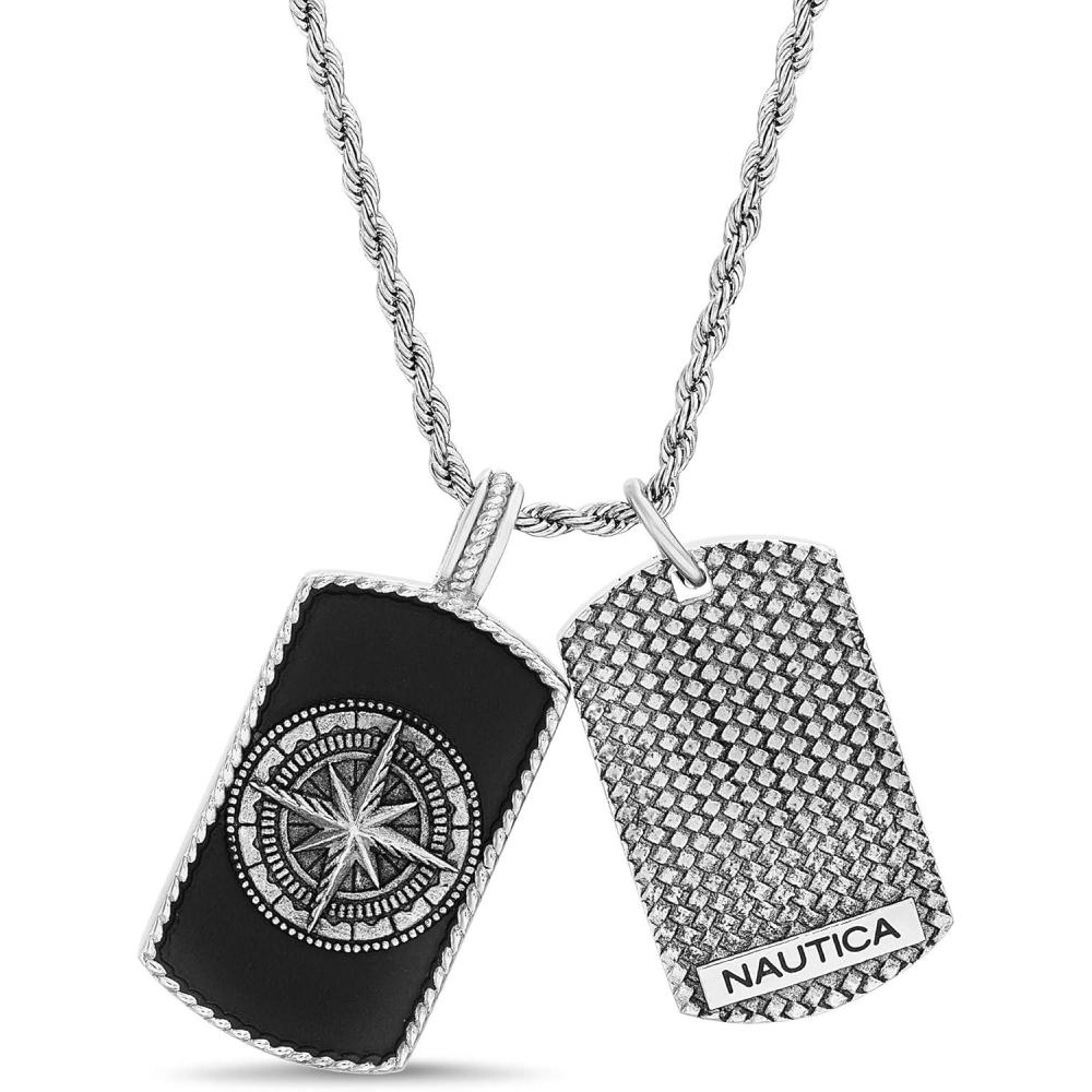 imageNautica Oxidized Stainless Steel Black Enamel Dog Tag Starburst Freedom Rope Chain Necklace for Men