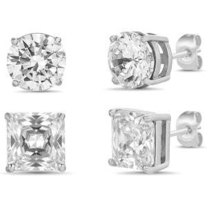 Nautica 9-10 mm Round and Princess Cut CZ Stud Earrings for Men Rhodium Plated Alloy