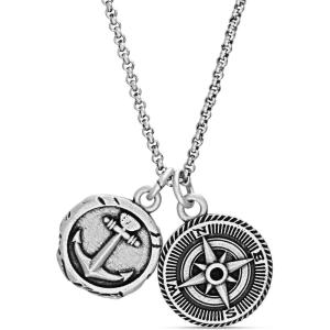 Nautica Anchor Compass Charm Necklace for Men Oxidized Stainless Steel 28 Inches