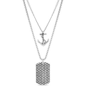 Nautica Anchor Dog Tag Layered Necklaces for Men Oxidized Stainless Steel 24 Inches