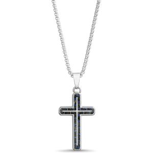 Nautica Blue Carbon Fiber Black Cross Necklace for Men Stainless Steel 24 Inches