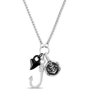 Nautica Fish Hook Charm Anchor Shark Tooth Necklace for Men Oxidized Stainless Steel 20 Inches
