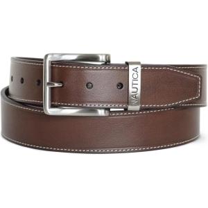 Nautica Men’s Casual Leather Belt | Everyday | Classic | Pants | Jeans | Khakis | Chinos | Metal Buckle(Engraved Keeper – Brown)
