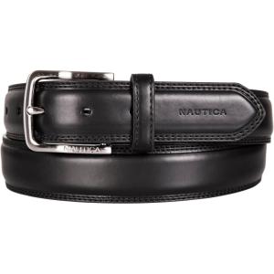 Nautica Men’s Dress Leather Belt for Suits and Pants | Classic | Business | Fashion | Adjustable | Metal Buckle(Logo Inlay Double Stitch – Black)