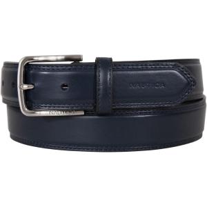 Nautica Men’s Dress Leather Belt for Suits and Pants | Classic | Business | Fashion | Adjustable | Metal Buckle(Logo Inlay Double Stitch – Navy)