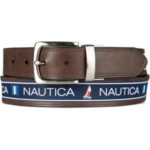 Nautica Men’s Reversible Leather Belt | 2-in-1 | Classic | Everyday | Business | Work | Dress | Casual | Metal Buckle(Flag Logo – Brown)