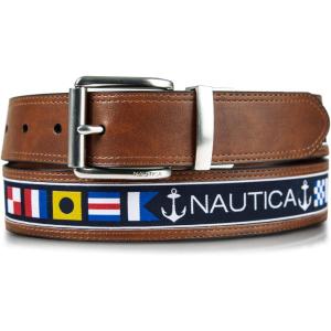 Nautica Men’s Reversible Leather Belt | 2-in-1 | Classic | Everyday | Business | Work | Dress | Casual | Metal Buckle(Flag Pattern – Cognac)