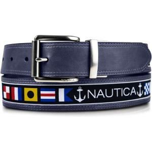 Nautica Men’s Reversible Leather Belt | 2-in-1 | Classic | Everyday | Business | Work | Dress | Casual | Metal Buckle(Flag Pattern – Navy)