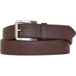 Nautica Men’s Signature Leather and Canvas Belt | Ribbon Detail | Flag Design | Classic | Casual | Metal Buckle(Embossed Logo – Brown)