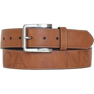 Nautica Men’s Signature Leather and Canvas Belt | Ribbon Detail | Flag Design | Classic | Casual | Metal Buckle(Embossed Logo – Tan)