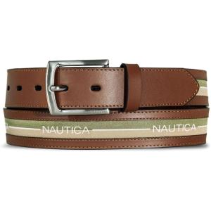 Nautica Men’s Signature Leather and Canvas Belt | Ribbon Detail | Flag Design | Classic | Casual | Metal Buckle(Ribbon Panel – Tan/Green)