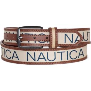 Nautica Men’s Signature Leather and Canvas Belt | Ribbon Detail | Flag Design | Classic | Casual | Metal Buckle(Signature Logo – Beige)