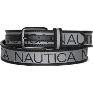 Nautica Men’s Signature Leather and Canvas Belt | Ribbon Detail | Flag Design | Classic | Casual | Metal Buckle(Signature Logo – Grey)