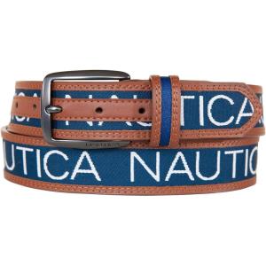 Nautica Men’s Signature Leather and Canvas Belt | Ribbon Detail | Flag Design | Classic | Casual | Metal Buckle(Signature Logo – Navy)