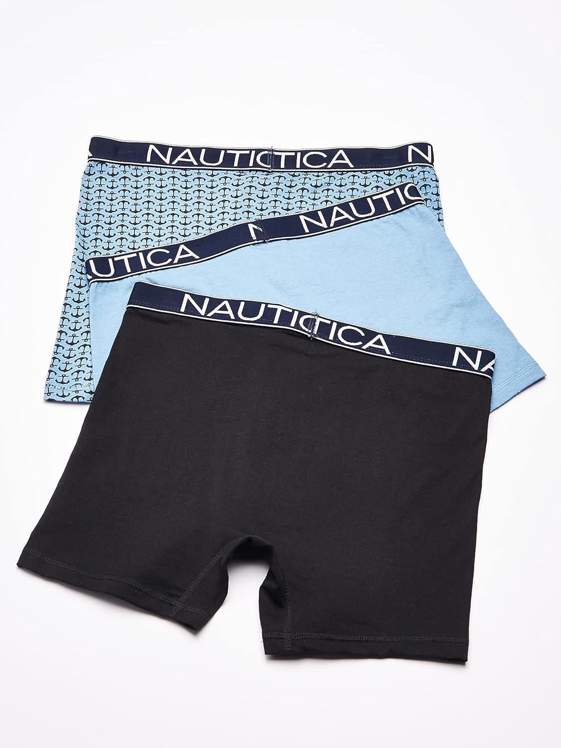 imageNautica Mens 3Pack Classic Cotton Stretch Boxer BriefsBlackAero BlueAnchor Print Aero Blue