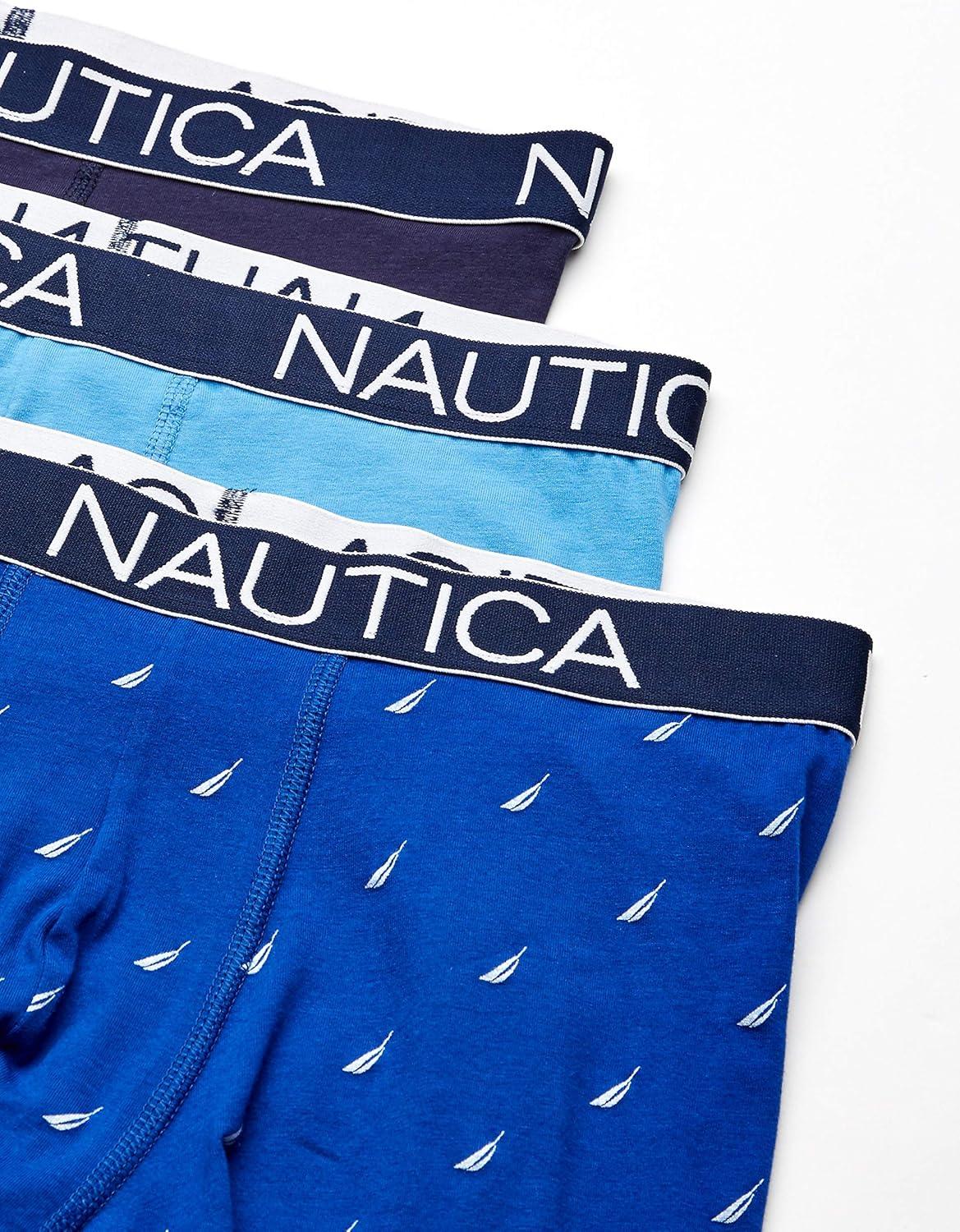 imageNautica Mens 3Pack Classic Cotton Stretch Boxer BriefsPeacoatAero BlueSail Printsurf the Web
