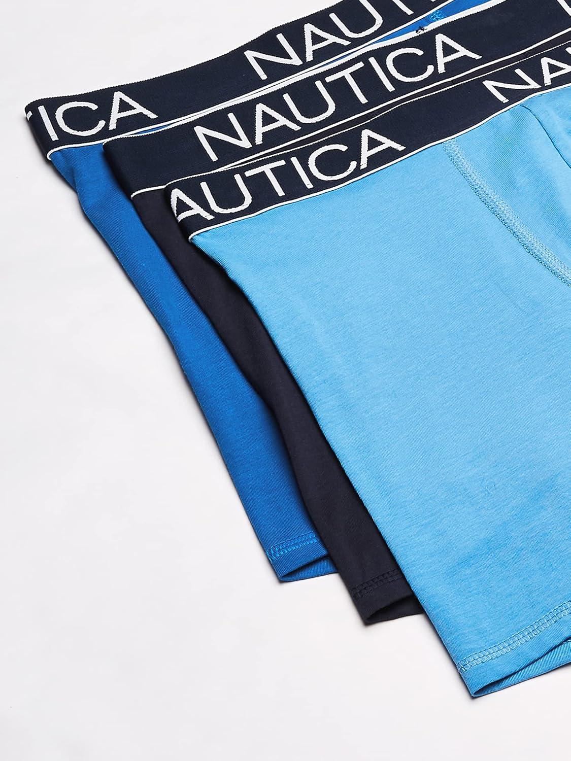 imageNautica Mens 3Pack Classic Cotton Stretch Boxer BriefsPeacoatSea CobaltAero Blue