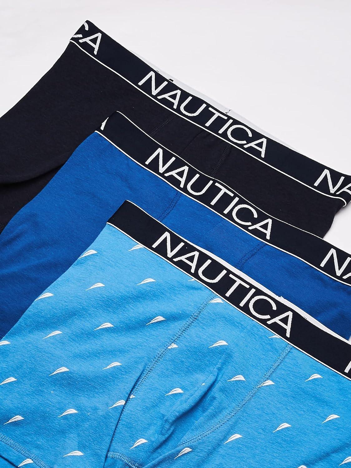 imageNautica Mens 3Pack Classic Cotton Stretch Boxer BriefsPeacoatSea CobaltSail Print Aero Blue