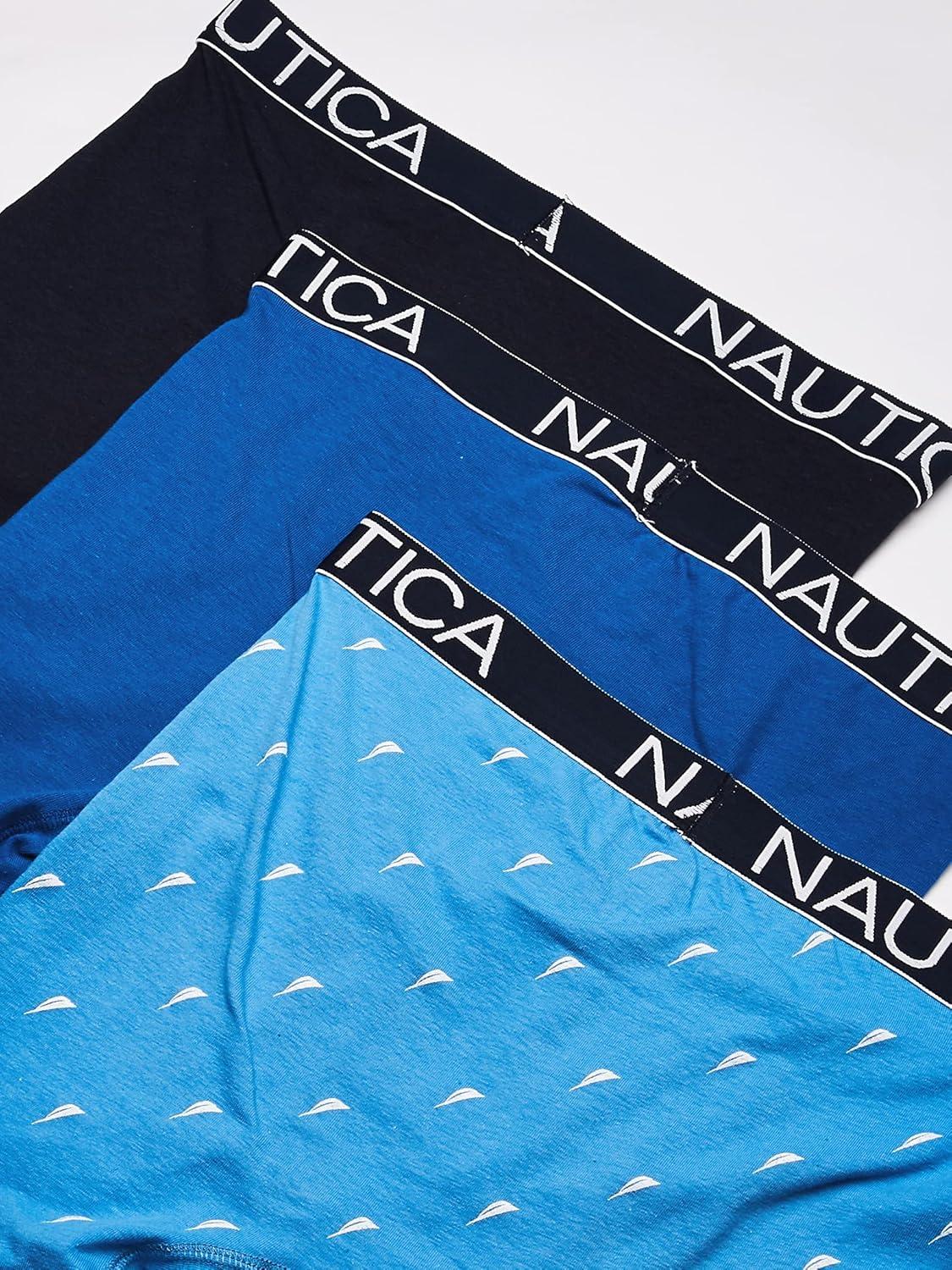 imageNautica Mens 3Pack Classic Cotton Stretch Boxer BriefsPeacoatSea CobaltSail Print Aero Blue