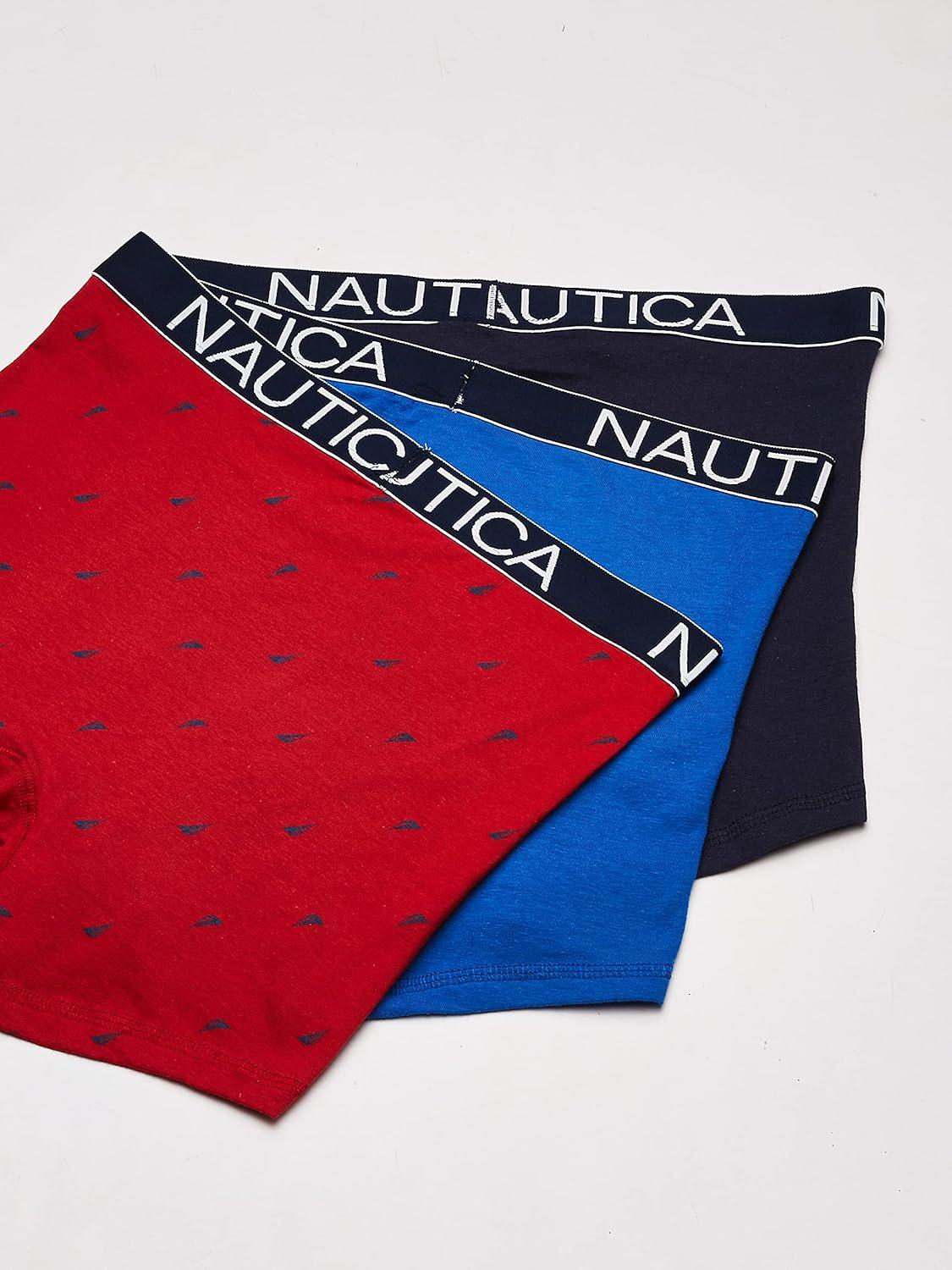 imageNautica Mens 3Pack Classic Cotton Stretch Boxer BriefsSea CobaltPeacoatSail Print Nautica Red