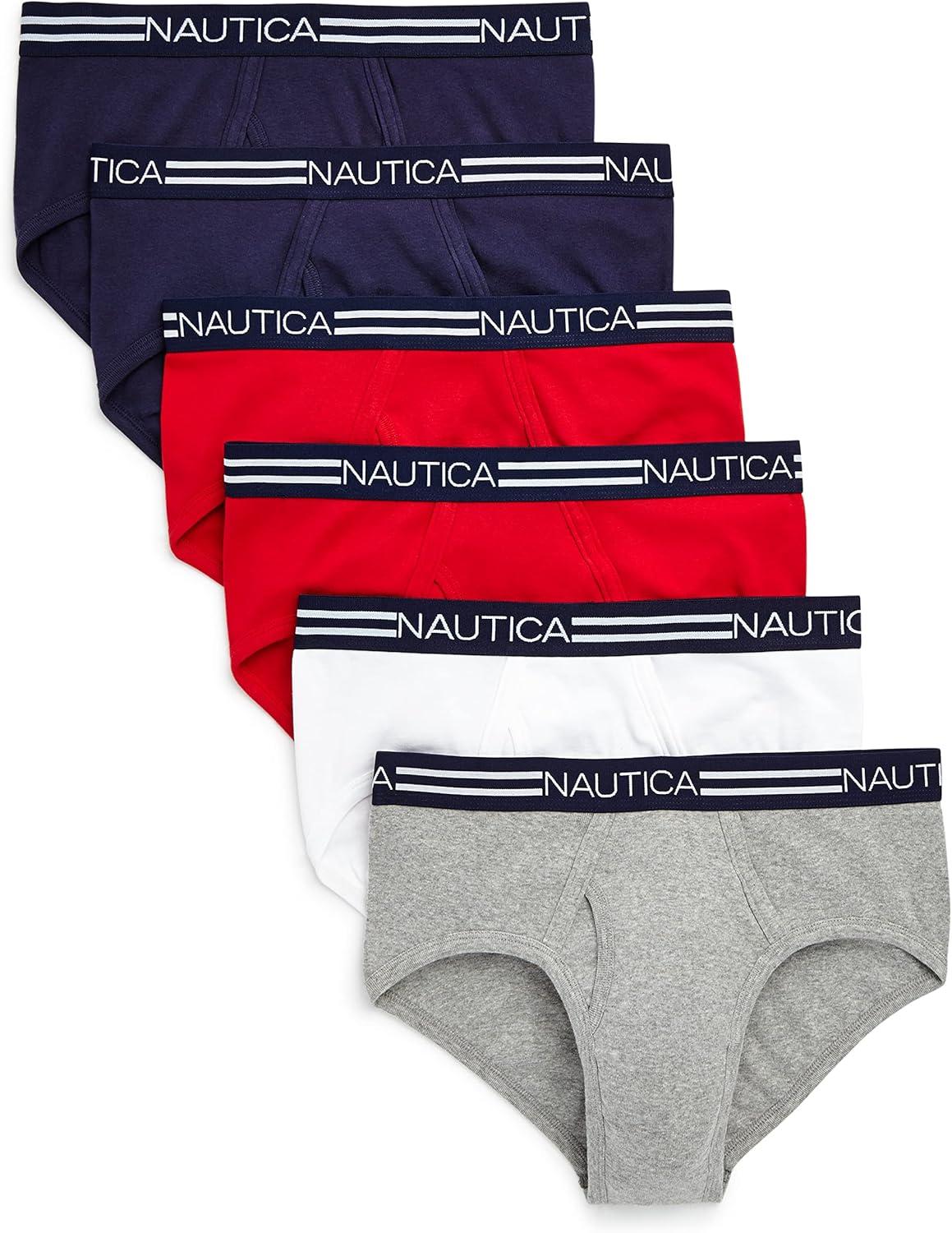 imageNautica Mens 6 Pack Classic Cotton Fly Front BriefsPeacoatNautica RedHeather GreyWhite 6 Pack