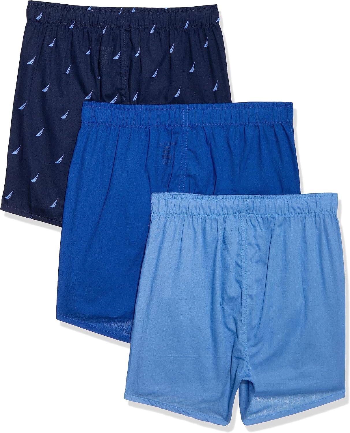 imageNautica Mens Classic Cotton 3Pack Woven BoxersAero BlueSea CobaltSails Peacoat
