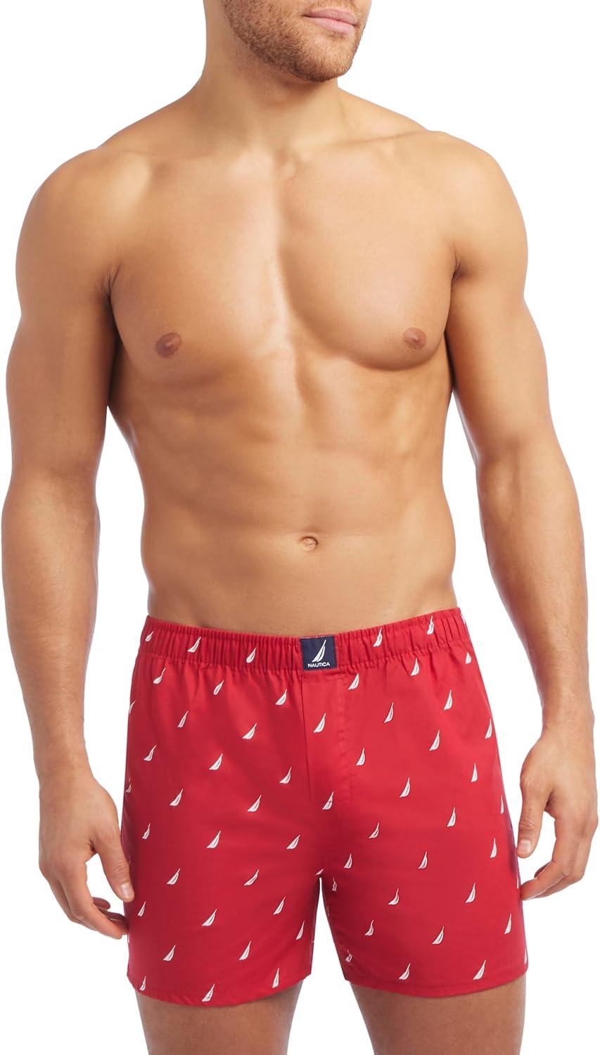 imageNautica Mens Classic Cotton 3Pack Woven BoxersBlackSail Black WhiteSail Nautica Red