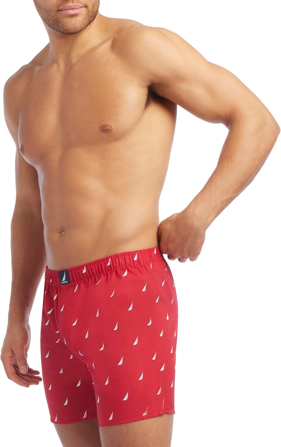 imageNautica Mens Classic Cotton 3Pack Woven BoxersBlackSail Black WhiteSail Nautica Red