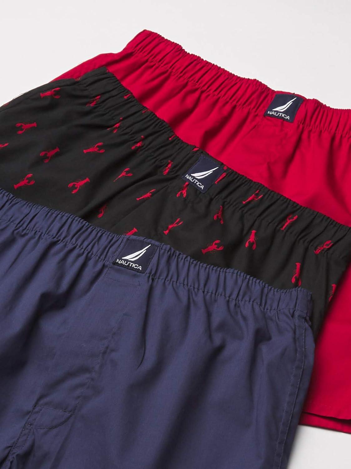 imageNautica Mens Classic Cotton 3Pack Woven BoxersNautica RedPeacoatLobster Black