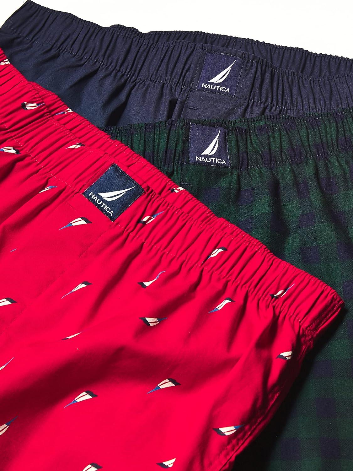 imageNautica Mens Classic Cotton 3Pack Woven BoxersPeacoatBuffalo Check Tidal GreenHoliday Sail Print Red